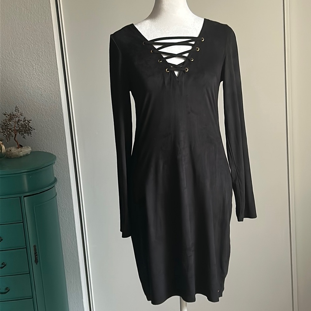 Guess Shapely Long Sleeve Lace Up Neckline Faux Suede Mini Dress